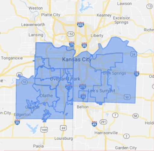 Map of Kansas City Counties with the counties DMC operates in highlighted.