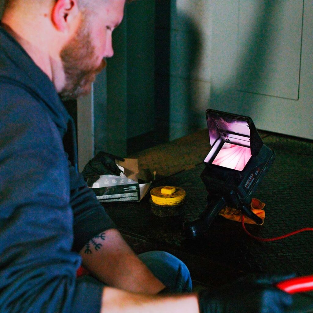 DMC plumbing technician running diagnostic tests on boiler & water heater